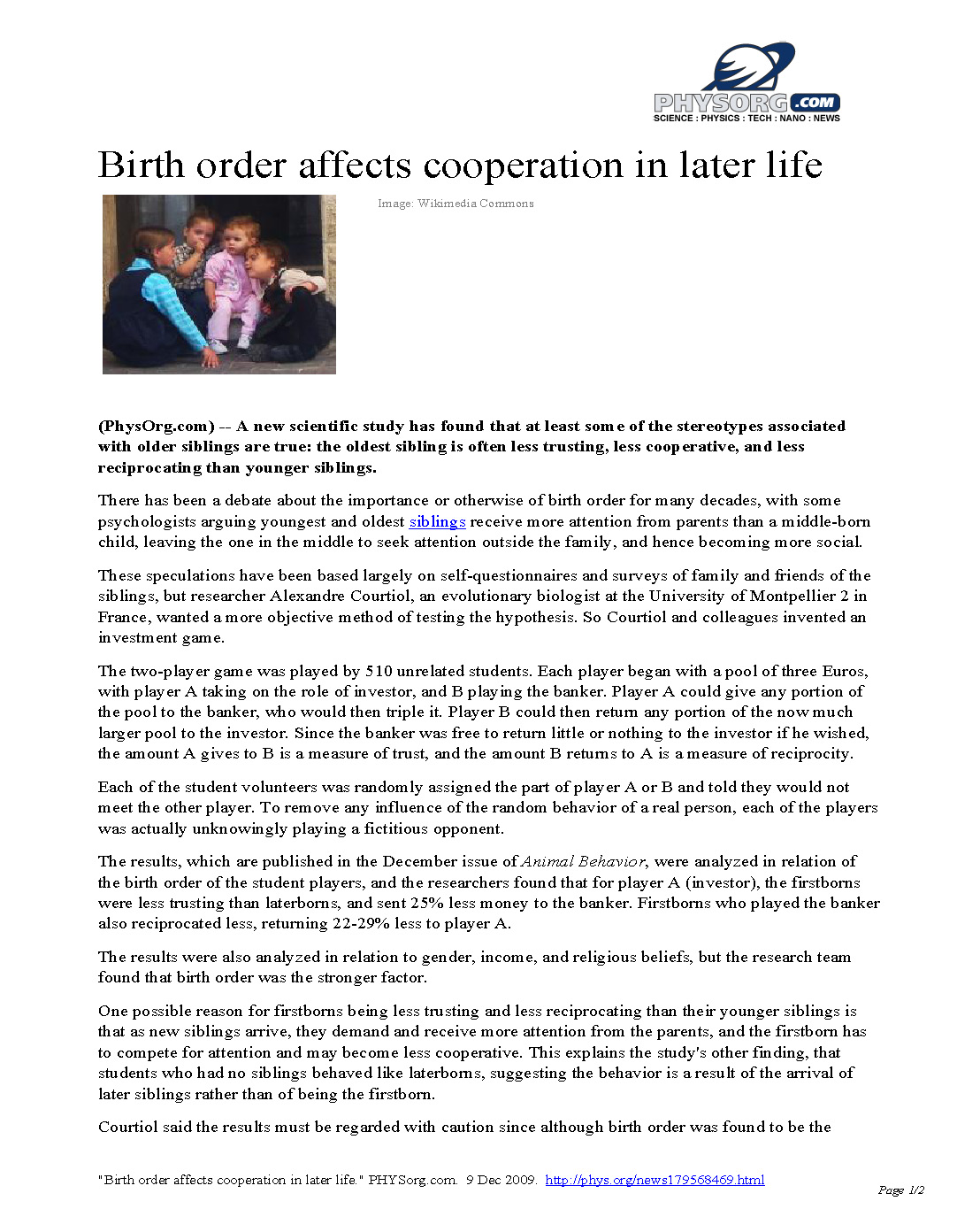 Image de l'article Birth order affects cooperation in later life
